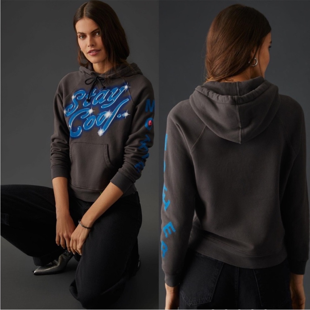 MOTHER The Square Hoodie “Stay Cool” Women’s in Grey Motif sweatshirt top